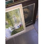 3 pictures, an oil on board, an old photo of a gentleman and a print of a country ale house.