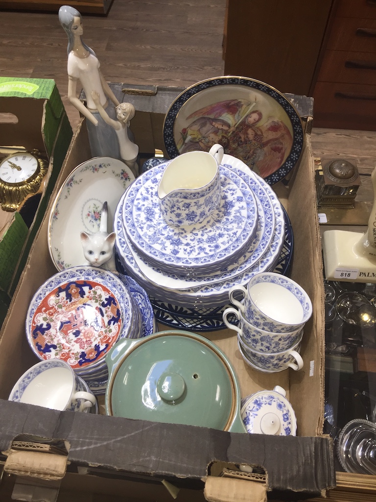 A box containing various ceramics to include Wedgwood, Poole, Spode, Minton, Denby and Royal