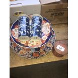 2 Oriental plates, a bowl, 2 Kangxi vases and a papermache Oriental box.