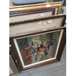 Four prints inc. signed Dendy Sadler, watercolour and cross stitch picture