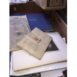 A box of stamps, vintage photos and teacards