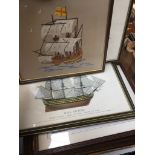 A box of prints including cutty sark, embroidered sailing ship picture, etc.