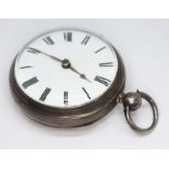 A Victorian hallmarked silver verge pocket watch having white enamel dial with Roman numerals and