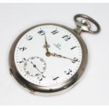 A 1920s Omega silver cased open face pocket watch, the signed white enamel dial having ornate Arabic