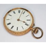 An antique 14k gold ladies open face Swiss pocket watch with white enamel dial having Roman numerals