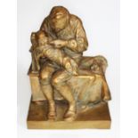 A large pottery group modelled as a father and child, sat on a chest, indistinct stamp, height 37cm.