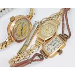 Three 9ct gold ladies wristwatches, one signed 'Hirco' to the dial, the other two unsigned, two with