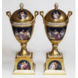 A pair of "Vienna" porcelain urns signed 'Verlesunas' and the other 'Neckereien', height 31cm. 1