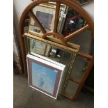 A large window style mirror, another gilt framed mirror and 2 prints