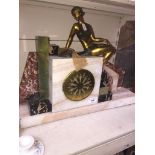 An art deco marble mantle clock (NO MOVEMENT) with gilded lady seated on top - As Found. Base is