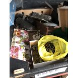 A box of clock parts including weights, dial and pendulum and some old keys and small brass locks