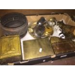 A box of brass and copper ware inc tea caddy, shot flasks, etc.