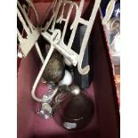 A tub of mixed items inc lighter, old His & Hers hangers, ethnic figure, etc.