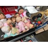 Two boxes of dolls, teddies, etc including Cabbage Patch, Zapf creations Baby Annabels, Punch &