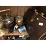 Various mixed items including copper kettle, brass lamp, mounted biscuit barrel, two fishing reels