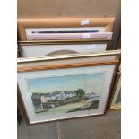 Five pictures - watercolour by Dudley, three framed prints, and a framed jigsaw picture