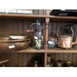 Copper kettle, Kilner jar, butter churn, copper bowl and copper pedestal bowl