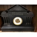 A large black slate mantle clock - as found ( no pendulum or key) and a Widdop wall clock with