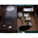 A box of clocks and an oak cased wall clock