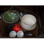 A box of glassware and pottery including cut glass bowls and mugs etc