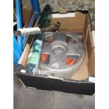 A box of tols and a box with a folding seat, hose reel rotary washing line support etc