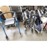 A collapsable wheel chair and 2 mobility walking aids