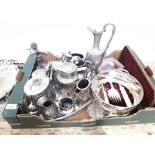 A box of silver plated ware including a pair of Victorian ivory handle fish servers, a figure
