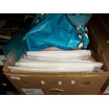 A box of cards, card making materials and a bag of rubber stamps etc
