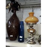Large pottery vase, blue glass vase and a table lamp - needs re-wiring