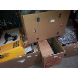 5 boxes of garage ware including pipe fittings, 2 Brooks Compton motors, an AEG angle grinder, a