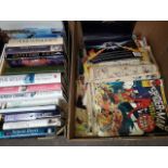 A box of books and a box of comics to include Spiderman, Superheroes, Marvel, etc.