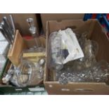 Two boxes of glassware, cutlery, John Lewis Knife set in block and other items.
