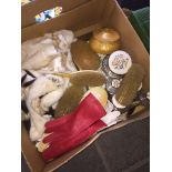 A box of dressing table sets, brushes and vintage leather gloves.