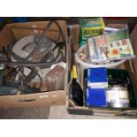 2 boxes of garageware including cable reel, hammer drill, garden hose, lawn repair kit, cassette