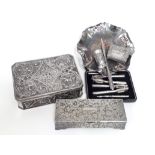 A silver plated jewellery casket and other plated ware.
