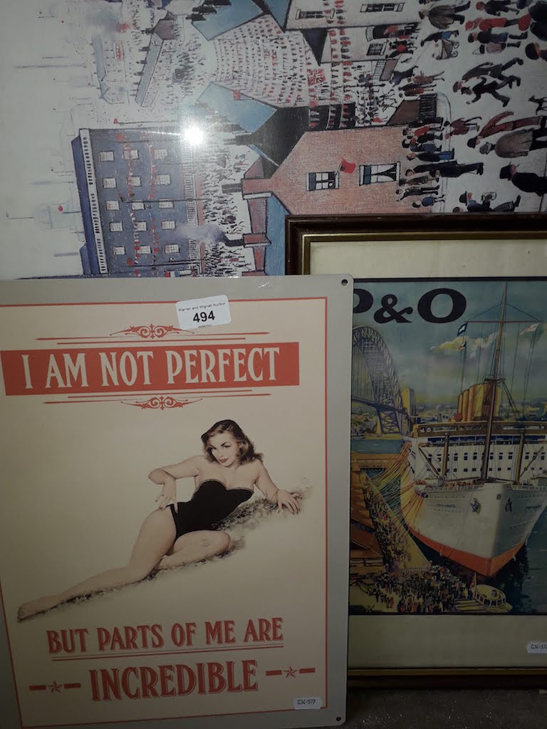 A Lowry print, a P & O print and a metal sign