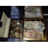 Two boxes of mixed world and GB coins & notes.