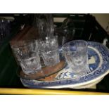 Green crate with glassware, blue and white platter etc.