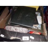 A box of misc including stamp albums, vintage toys, silver backed brush, various book matches etc