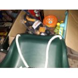 A box of toys including car park/wash, Raptor track set and a chold's swing