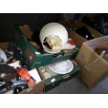 5 boxes of misc household items including kitchen items, electrical leads, Le Creuset size 20 pan,