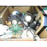 A box of misc including display case and ornaments, artificial flowers, candle holder etc