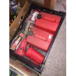 A box containing 2 petrol cans and 3 torches, etc.