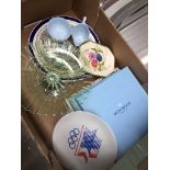 Box of ceramics and glass inc. two Wedgwood boxed plates