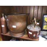 Collection of metalware to include large copper and brass coal scuttle, copper and brass kettle,