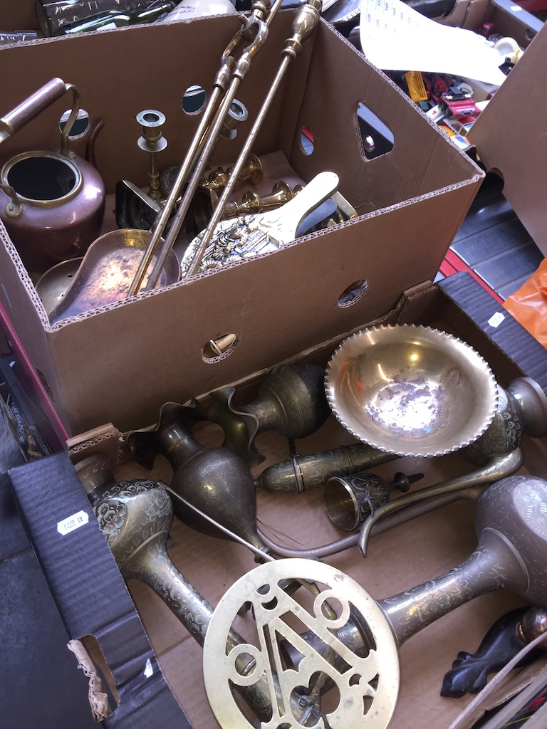 Two boxes of brassware