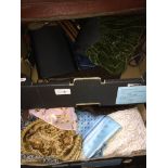 Two boxes of vintage silk and other scarves, handbags, etc.