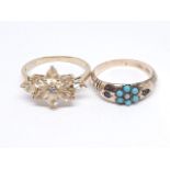 A hallmarked 9ct gold cluster ring set with yellow stones and another set with turquoise marked '9ct