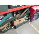 Twelve boxes of assorted garage items, a set of 15" wheel trims, a Rock Box etc