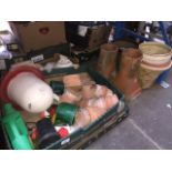 3 boxes of misc gardenware to include vases, terracotta pots, gardening products, watering can,